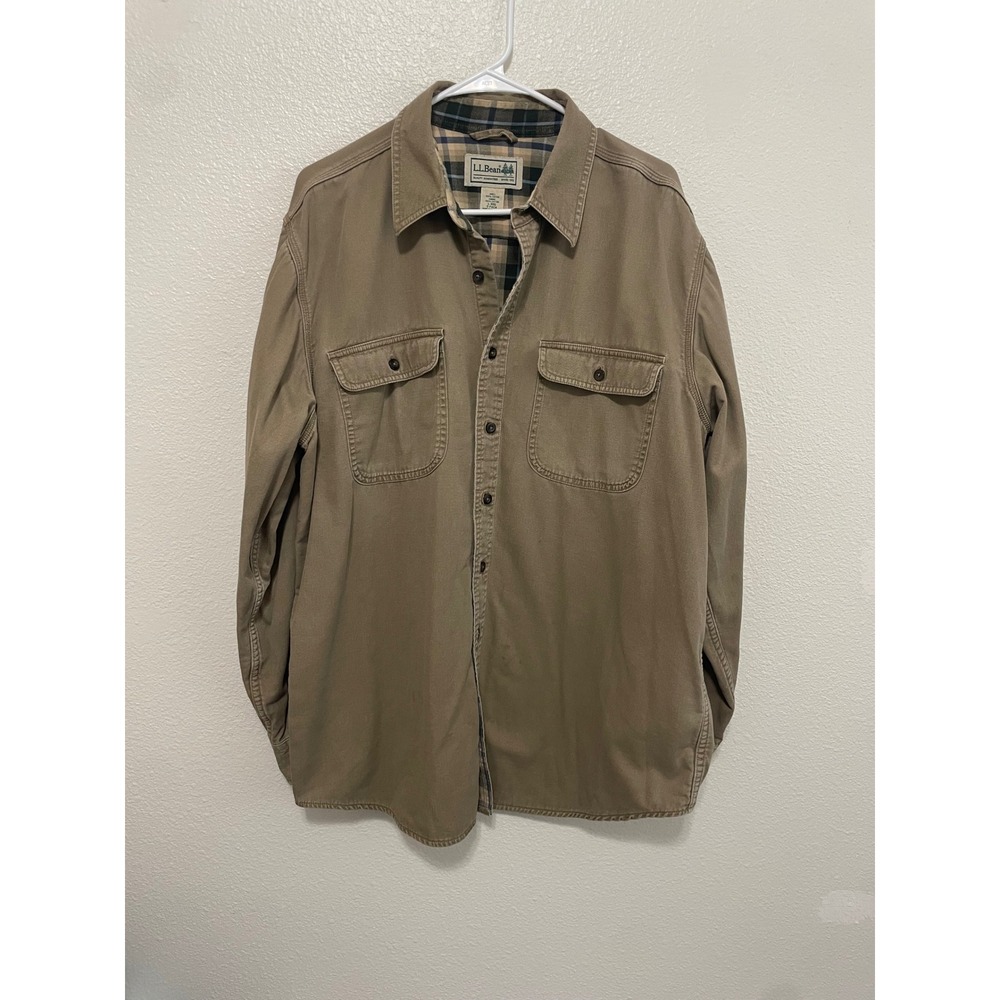 LL Bean VTG Flannel Lined Twill Shirt Mens XL Tan Good Heavy Cotton Workwear